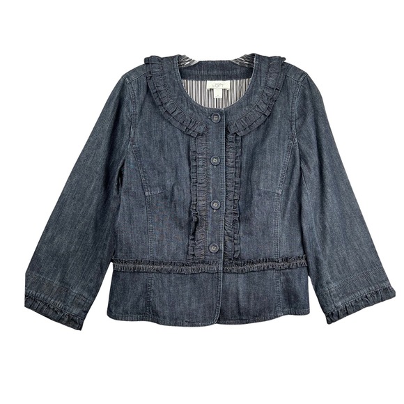 Jackets & Blazers - Ann Taylor LOFT Denim Jacket Ruffle Collar Trim Size 8 Button Up